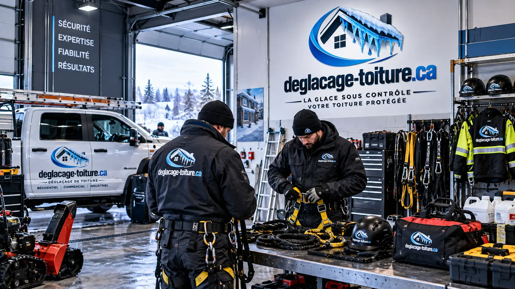 Deux techniciens ajustant leurs harnais dans un atelier, casques, cordages et camion identifié à l'arrière-plan