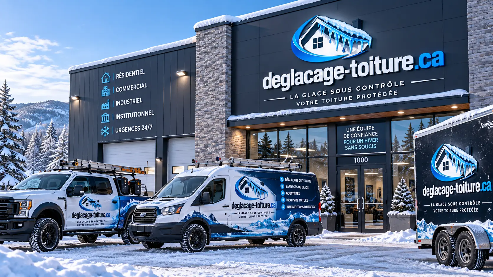 Façade d'une entreprise de déglaçage en hiver, avec camionnette, camion et remorque identifiés