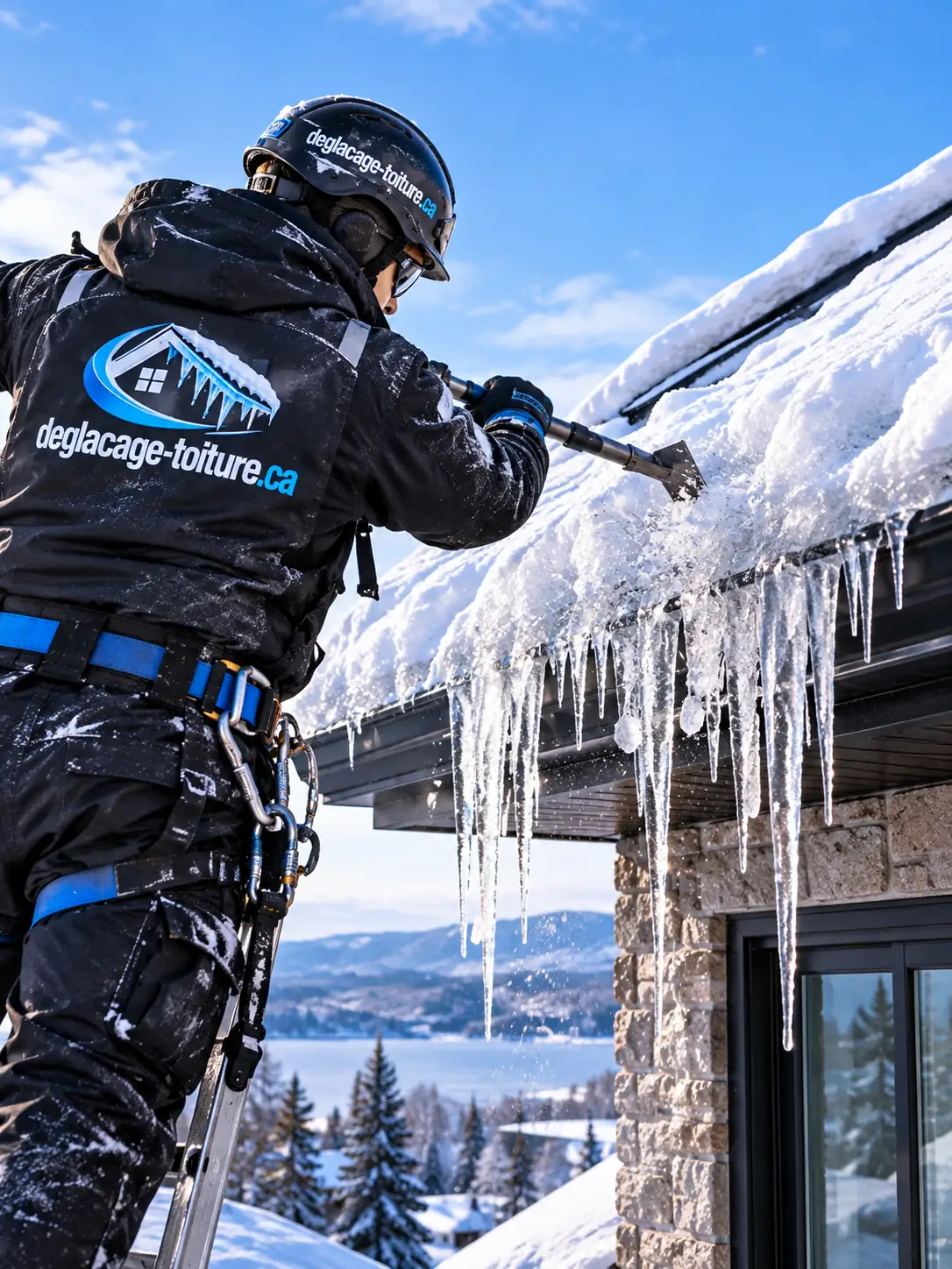 Technicien sur une échelle dégageant la glace et les glaçons en rive d'une toiture résidentielle