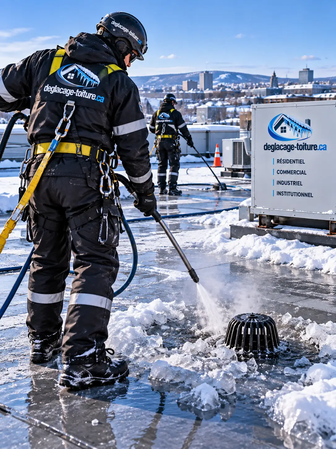 Techniciens encordés déglaçant un drain sur un toit plat commercial avec de l'eau chaude