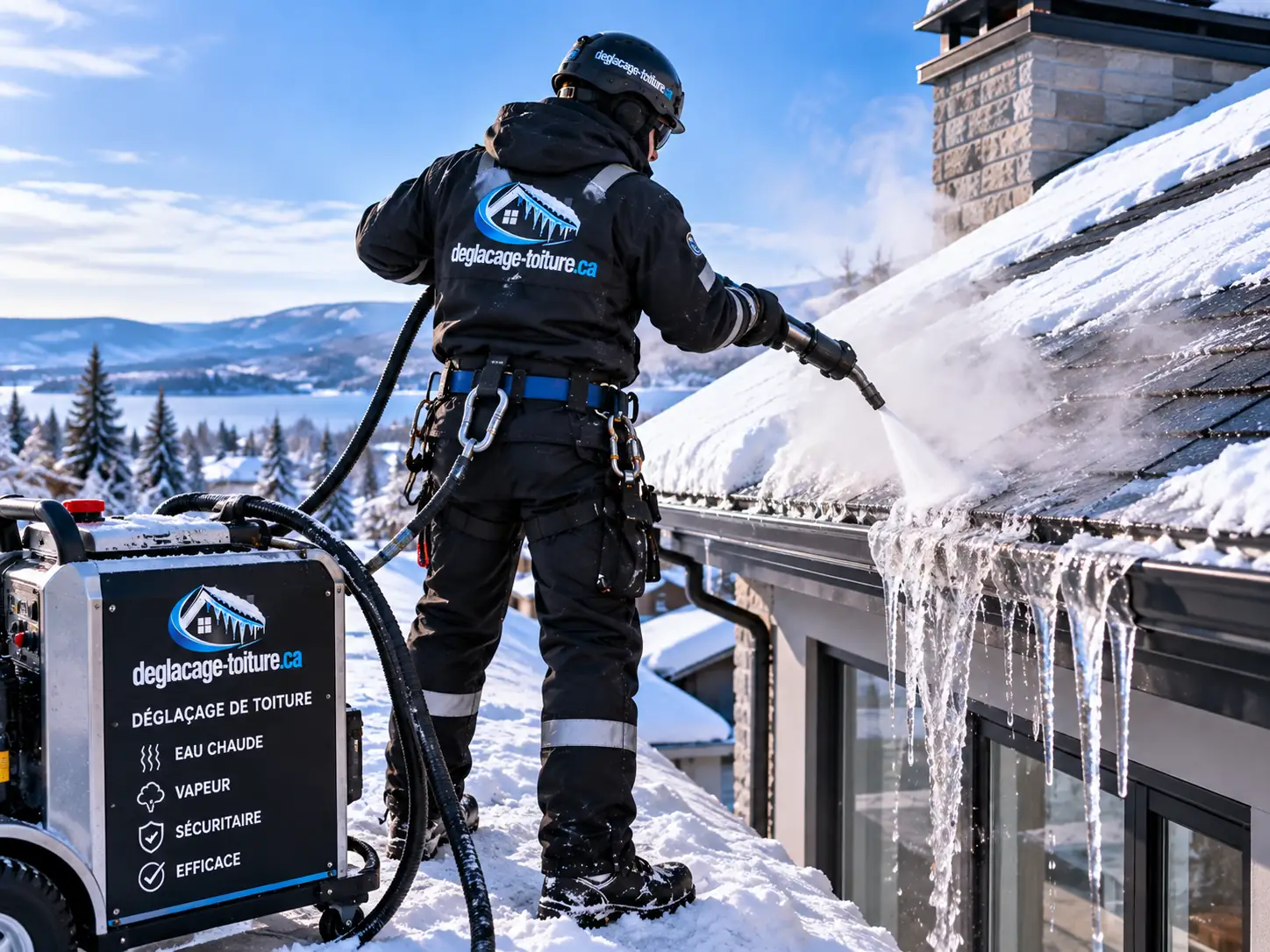 Technicien sur une toiture en pente utilisant une machine à vapeur pour faire fondre la glace en rive